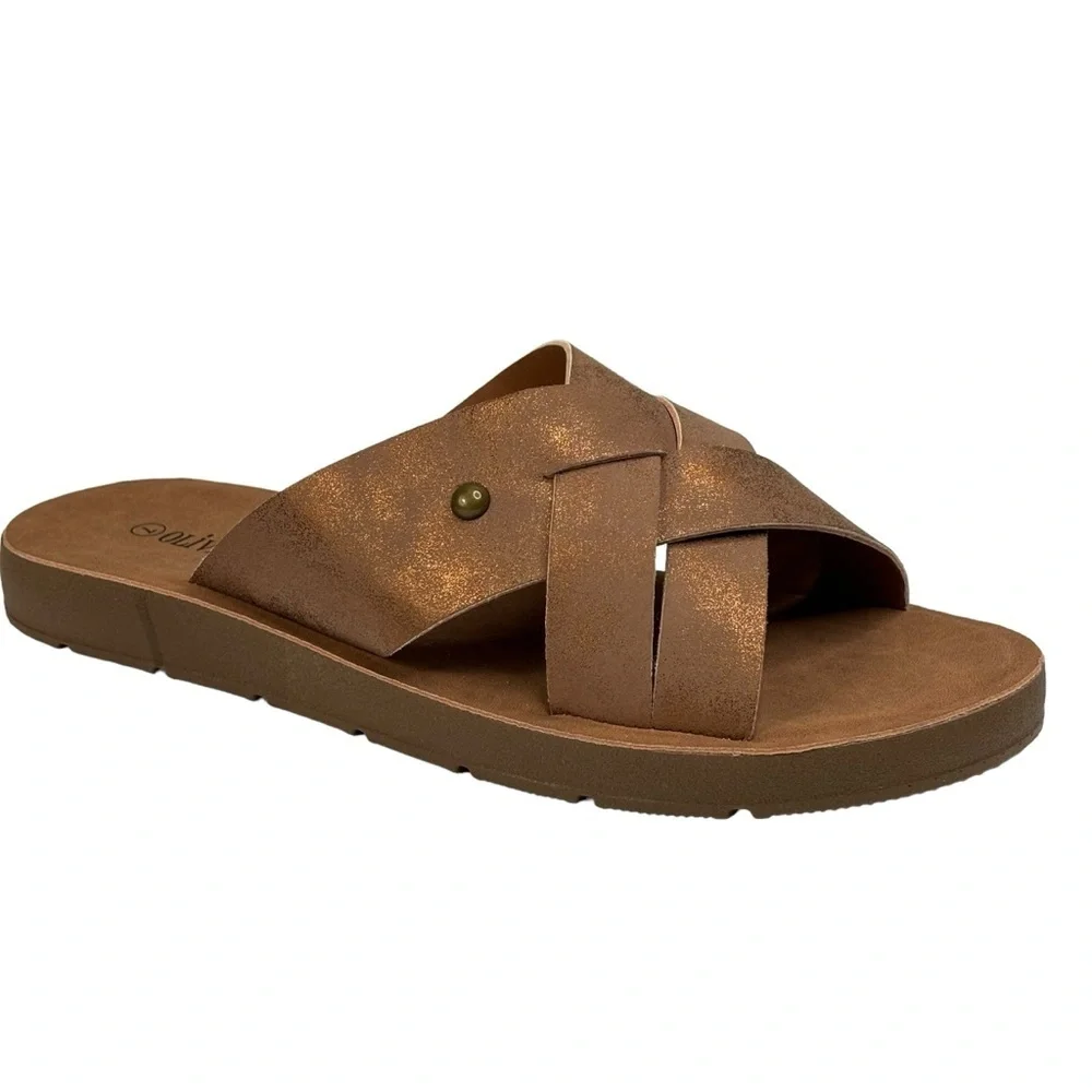Olivia Miller Bronze Woven Fisherman’s Sandals with One Round Stone Size 7 NEW